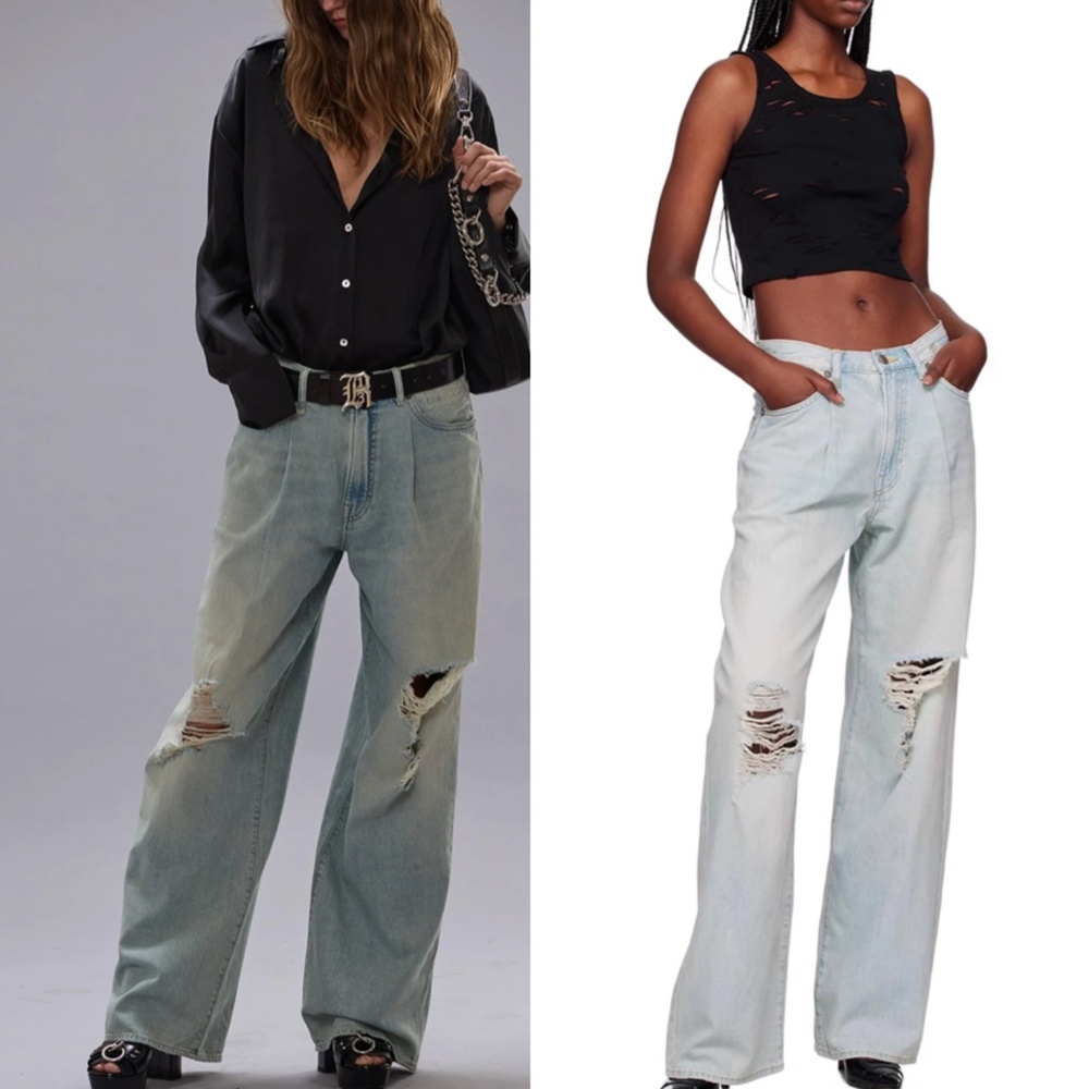 NWOT R13 Damon Pleated Wide Leg - Lennon Light Blue Knee Rips Denim Casual